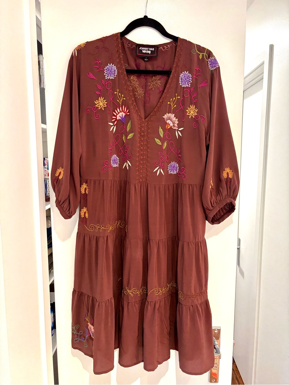 Johnny Was Workshop Embroidered Silk Boho - Dry Cleaned -Tiered Dress Burgundy S
